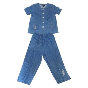 Excitation Embroidered Seahorse Sea Denim Shirt Pants Capri Matching Set Small